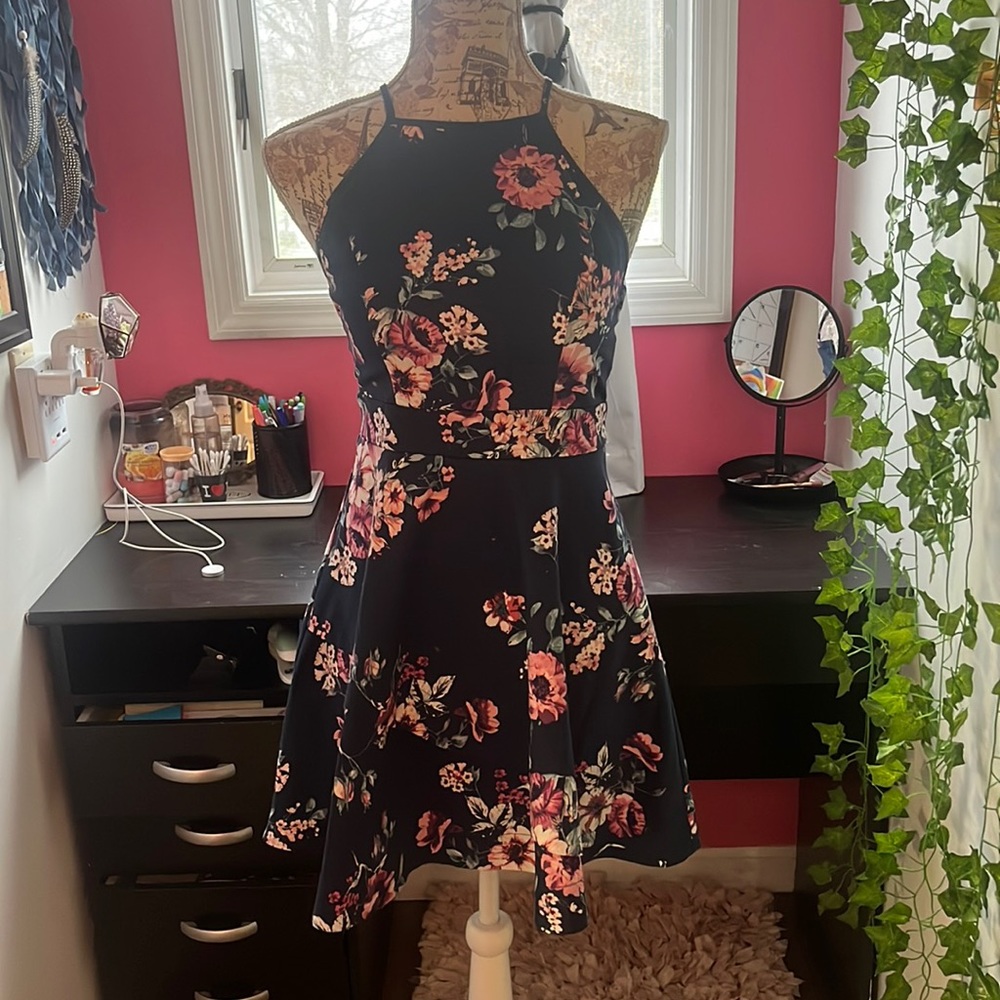 navy floral homecoming dress.